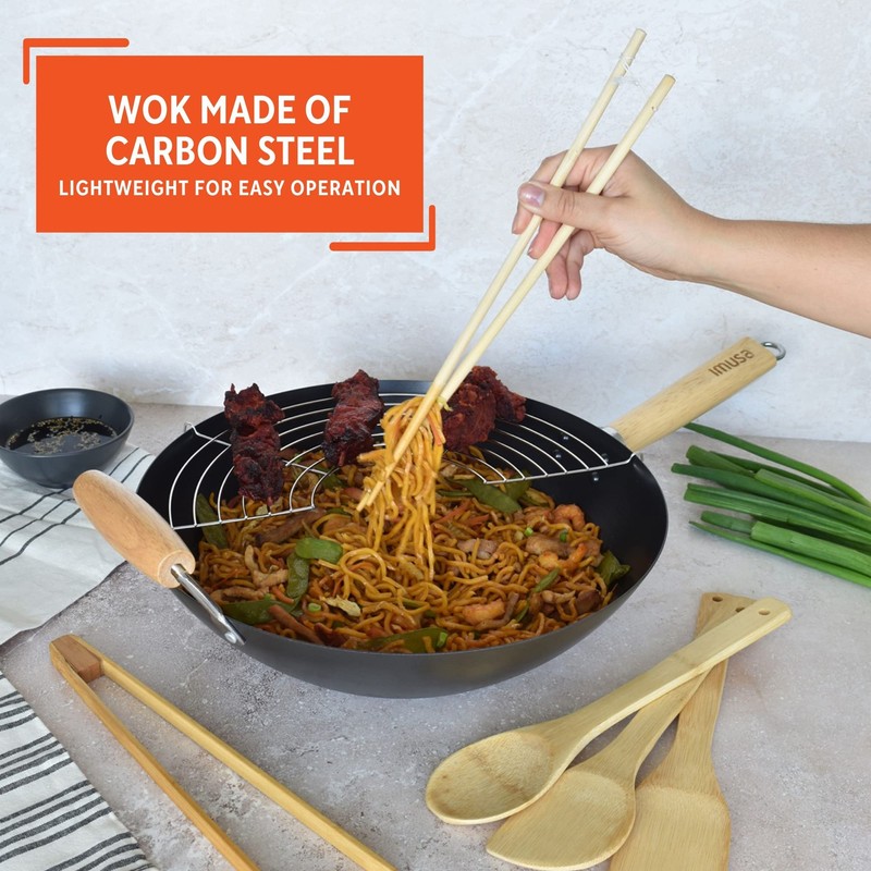 IMUSA 7pc Carbon Steel Nonstick Wok Set with Bamboo Kitchen