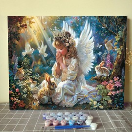 Baby Angel Girl DIY Paint by Numbers for Adults Prayerful Angel in Forest DIY Oil Painting Acrylic Paint Painting Kits Canvas with Acrylic Paint Flowers Cute Animals Art 16x20 Inch（without Frame ）