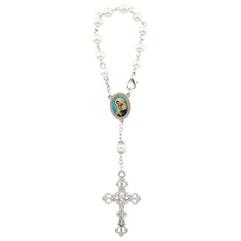 Mary and Jesus Car Rosary with Lobster Clip, Imitation Pearl Beads, Religious Keepsake Gift, 6.5 Inches