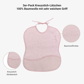 Ti TIN 100% Cotton Ultra Soft Cross Stitch Bib - Pink - 25 x 30 cm - Bibs with Ties - Very Easy to Use - Pack of 3