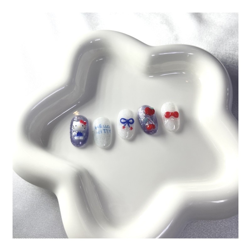 [Premium Handmade Nail Tips] Blue Ribbon Cat Nails - Round