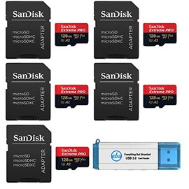 128GB SanDisk Micro SDXC Extreme Pro Memory Card (Five Pack) Works with DJI Mavic 2, Pro, Zoom, Air, Spark, Phantom 4 4K UHD Video Drone Bundle with (1) Everything But Stromboli 3.0 Card Reader