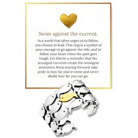 LIU JUN Swim Against The Current Ring, Inspirational Hope Encouragement Spiritual Rings Adjustable Stainless Steel Ring For Best Friend Women Men Jewelry Gifts (silver)