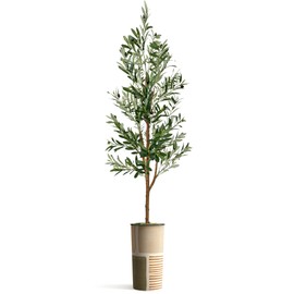 Artificial Tree in Mid-Century Green Polygon Abstract Shapes Planter, Fake Olive Silk Tree for Indoor and Outdoor Home Decoration - 68" Overall Tall (Plant Pot Plus Tree)