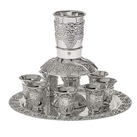 Jerusalem Motifs Silver Plated 6 Cup Kiddush Wine Fountain