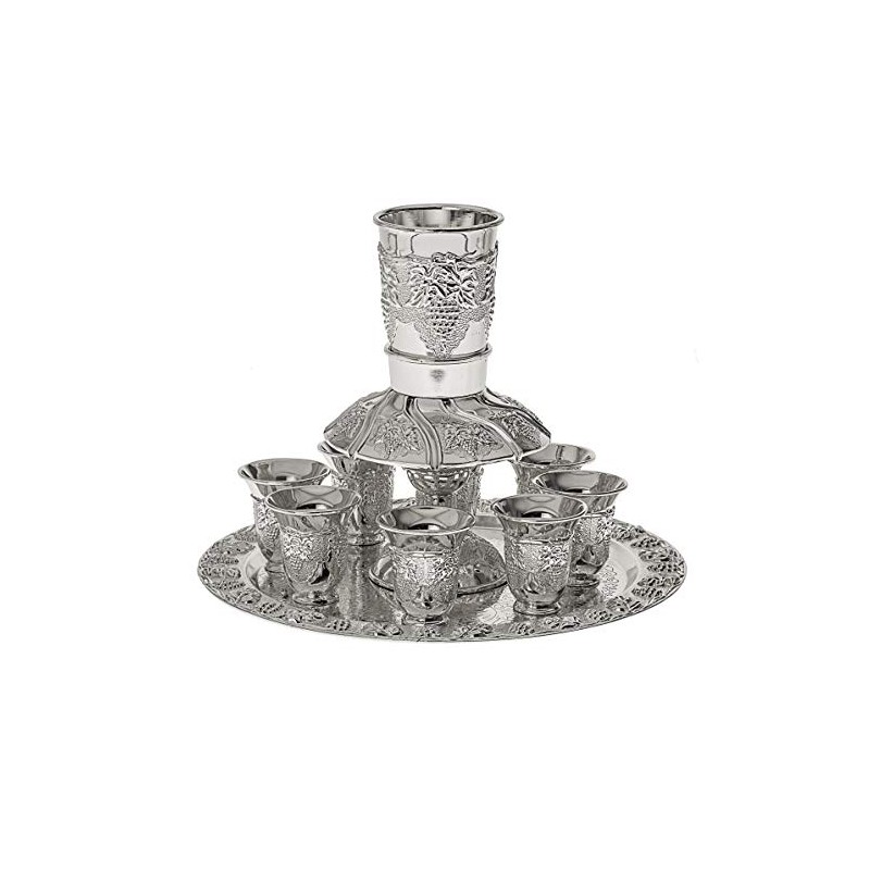 Jerusalem Motifs Silver Plated 6 Cup Kiddush Wine Fountain