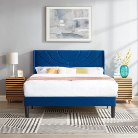 VECELO Full Size Upholstered Platform Bed Frame with Fabric Headboard,Wooden Slats Support/No Box Spring Needed/Mattress Foundation/Easy Assembly,Dark Blue