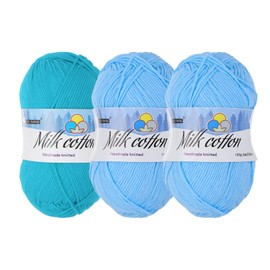 Rebower Cotton Yarn,65% Cotton and 35% Acrylic Fibers Soft Knitting Yarn[for Hand DIY Cushion Crocheting Knitting Projects Decor],3 Skeins/3×218yards/3×3.53oz/Light Blue/Lake Blue/Sky Blue