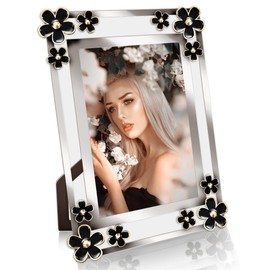 GUFONKOD 5x7 Design 5x7 Picture Frame Sparkle Glass Photo Frames 5 by 7 for Tabletop, Horizontally or Vertically, Black Flowers, 1 Pack， 1 Pack