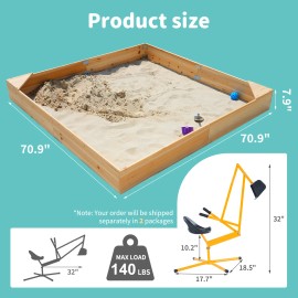 ABORON Kids Sand Boxes with Excavator Sandboxes with Covers Corner Seats 71''x71''x8''