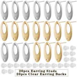 20pcs Oval Earring Posts with Hole Stainless Steel Stud Earrings Ear Pins Components Findings and 20pcs Clear Earring Backs for DIY Jewelry Making Birthday Party Gifts