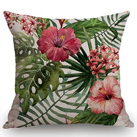 Swono Watercolor Tropical Floral Pattern Cotton Burlap Linen Throw Pillow Case Cushion Cover Sofa Outdoor Decorative Square 18X18 Inches
