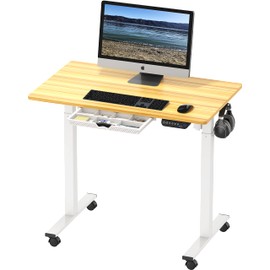 SHW Small Electric Height Adjustable Mobile Sit Stand Desk with Drawer, Hanging Hooks and Cable Management, 40 x 24 Inches, Oak