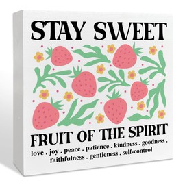 NKBINLILI Boho Christian Strawberry Desk Wood Box Sign Home Office Decor, Fruits of The Spirit Bible Verse Jesus Floral Wooden Box Sign Decorations for Home Office, Christian Gifts for Women Men
