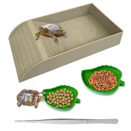 NGORAY Tortoise Feeding Dish with Ramp and Basking-Platform - Leaf Tortoise Water Food Bowls, Reptile Water Dish Amphibians Habitat, Reptile Water Bowl Fit for Amphibians with Forcep Cleaning Clip