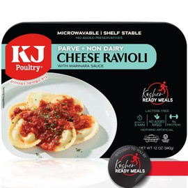 KJ Poultry Kosher Parve Ready Meals - Cheese Ravioli in Tomato Sauce, MRE Meals Ready to Eat, Halal, (1 Pack) Prepared Entree Fully Cooked, Shelf Stable Microwave Dinner Travel, Military, Camping