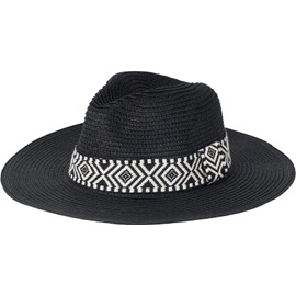 styleBREAKER 04025046 Women's Panama Sun Hat Plain with Fabric Hat Band with Aztec Pattern, Straw Hat, Floppy Hat, Summer Hat, Fedora Hat, black