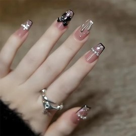 24PCS Press on Nails，Fake Nails， Glue on Nails， Reusable Short Long French Tips False Nails Acrylic Stick on Nails for Women Girl (French Ballet Bow)