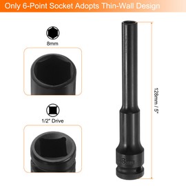 QUARKZMAN Pack of 2 Deep Thin Wall Impact Wrench Socket 8 mm Metric 6 Point Socket 1/2 Inch Square Drive 5 Inch Long CR-V Steel Industrial Quality Spindle Axle Nut Socket, Black