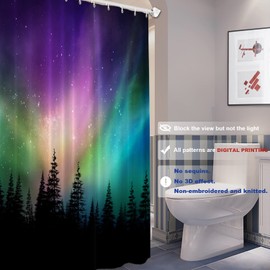 Batmerry Northern Lights Forest Decorative Shower Curtain, Aurora Borealis Cute Long Wide with Rust Proof Grommets for Bathroom Waterproof Washable