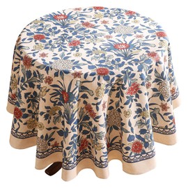 patdrea Designer Blue Tablecloth for Round Tables,Vintage Linen with Leaves and Flowers Pattern Tablecloths,Farmhouse Floral Table Cover Cloth Decorative for Kitchen Dining Room, Diameter 67"