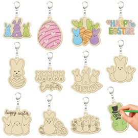 CNhoqc 24pcs Color Your Own Easter-Theme Keychains, Cute Bunny Peeps Egg Wooden DIY Blank Keychain, Cartoon Rabbit Bunny Peeps Eggs Happy Easter Uncolored Keychain for Kids Spring Holiday Party Favor
