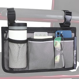 Wheelchair Side Bag, Wheelchair Armrest Storage Pouch with Cup Holder and Reflective Strip Use of Waterproof Fabric, for Most Wheelchairs, Walkers or Rollators (Gray)