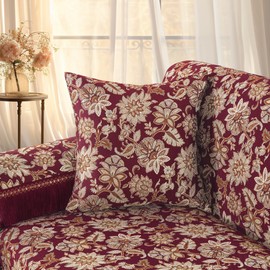 Loom and Mill Vintage Jacquard Sofa Arm Covers 2 PCS, Elegant Floral Couch Armrest Cover with Tassels, Non-Slip Furniture Protector for Chair Sofa Recliners Couch Dogs Pets, Burgundy, 20x24in