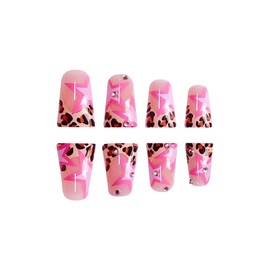 Star Press on Nails Leopard Print Fake Nails French Tip Glue on Nails with Rhinestone Design Glossy False Nails Reusable Artificial Acrylic Full Cover Duck Stick on Nails for Women Manicure 24Pcs