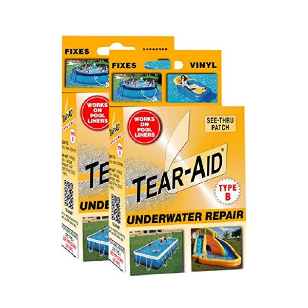 Tear-Aid Underwater Repair Kit, Type B Clear Patch for Vinyl and Vinyl-coated Materials, Repairs Underwater Cracks, Works on Pool Liners, Orange Box, 2 Pack