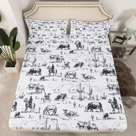 Western Bed Sheet Set - Twin Size, White and Black Cowboy Fitted Sheet, Desert Cactus Bed Cover, Kids Room Decor, Lightweight (No Flat Sheet)