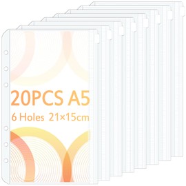 Pack of 20 A5 Binder Bags, Caianwin PVC 6 Holes Zip Folder, Waterproof Plastic Binder Pockets, Transparent Money Budget Envelopes, Budget Planner Accessories for Binder A5