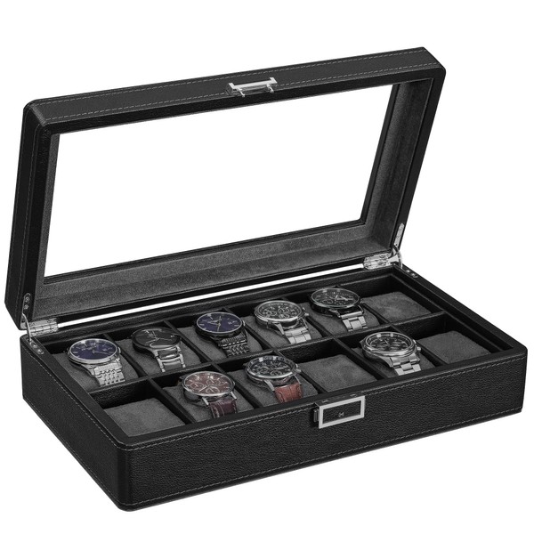 BEWISHOME Watch Box Organizer, 12 Watch Case for Men Luxury Watch Display Case with Large Glass Window, Faux Leather, Black SSH08L