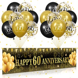 60th Wedding Anniversary Decorations, Black Gold Happy 60th Anniversary Yard Banner and 18Pcs 60th Happy Anniversary Balloons for 60th Wedding Anniversary Birthday Party Supplies