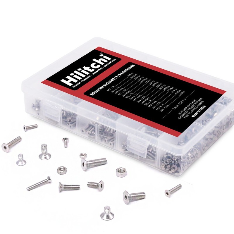 Hilitchi 510pcs M3 M4 M5 Stainless Steel Flat Head Hex