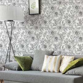 MAGAFA Black and White Floral Wallpaper Peel and Stick Vintage Wallpaper Flower Contact Paper Vinyl Self-Adhesive Wallpaper (17.71 x 118.1 inch)