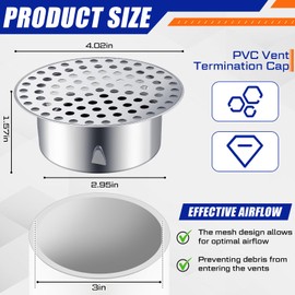 Moxweyeni 2 Pcs PVC Termination Cap for 3" Inner Diameter, Mesh Screen Vent Cover 304 Stainless Steel, for Furnace & Roof Vent Cap, Round Air Outlet Exhaust Water Drains Pipe with Gloves