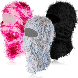 Newcotte 3 Pcs Distressed Balaclava Full Face Ski Mask Cool Knitted Balaclava Windproof Ski Mask for Men Women Cold Weather (Black, Mixed Pink, Mixed Blue White Gray)