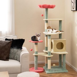 PETSITE 61 Inch Flower Cat Tree, Modern Multi-Level Cute Cat Tree Tower with Sisal Scratching Posts, Flower-Shaped Soft Top Perch, Comfy Condo, Spring Ball, and Dangling Balls, Multicolored