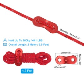 PATIKIL 4mm Tent Rope, 12 Pack 6.5ft Reflective Guyline Cord Tied Downs Rope Paracord Cord Camping Ropes with Red Aluminum Cord Adjusters for Camping Hiking Tent, Red