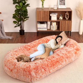 Human Sized Dog Bed for Adult People,71"x43.3"x10" Large Dog Bed for Men and Women, Washable Giant Dog Bed for Pets and Kids,Anti Slip Human Dog Bed with Storage Pocket,Orange