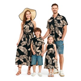 PATPAT Family Matching Floral Outfits Matching Hawaiian Shirts for Family Tropical Palm Leaf Print Beach Short Sleeve Polo Shirts Father Son Matching Shirts Black Hawaiian Shirts for Men L