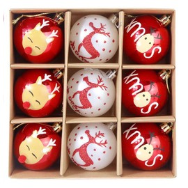 Christmas Baubles 9-Piece 6 cm Plastic Christmas Tree Baubles Christmas Decoration Set Plastic Ornament Christmas Decoration with Pendant Oh Deer Theme Red White Green (Red)