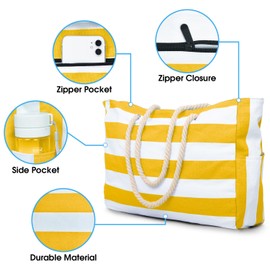 Becokan Beach Bags for Women Large Waterproof Beach Tote Bag Zipper Beach Bags Waterproof Sandproof Swim Pool Bag Large Tote, Yellow, Large