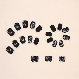 Short Press on Nails Square, Coffin Shape Full Cover Reusable False Nails with Glue, Stick On Nails with Leopard Print Designs, Artificial Fingernails Acrylic Fake Nails for Women, Glue On Nails Black