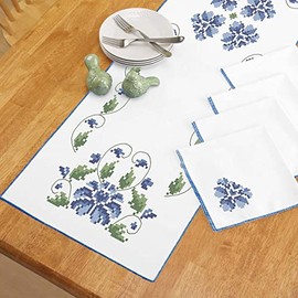Herrschners Garden in Blue Table Runner & Napkins Stamped Cross-Stitch