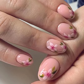 24 Pcs Flower Press on Nails Medium Short Almond Fake Nails Nude Acrylic Nails Spring Floral Leaf Design False Nails Summer Glue on Nails for Women Nail Decoration