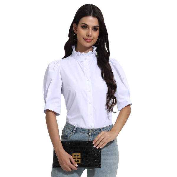 Womens 2024 Summer White Top Ruffle Stand Collar Button-Down Shirt