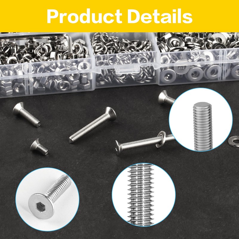 1000 Pcs M4 Countersunk Bolts and Nuts Set, Assorted Nuts