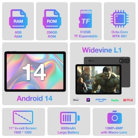 AGM 11 inch Tablet, Android 14 Tablet with MTK Octa-Core Processor, 256GB Storage TF Expandable, FHD IPS in-Cell Display Widevine L1, Triple Camera, Stereo, 8000mAh, 5G WiFi/BT 5.0/GPS/OTG/GMS/G-AI